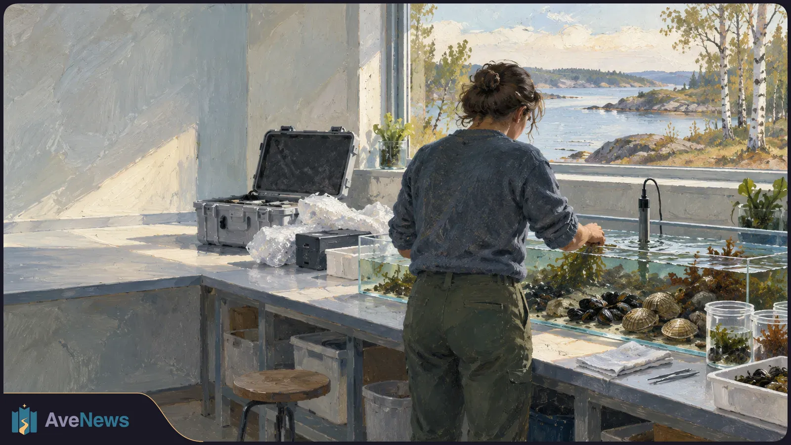 Painting of a person seen from behind tending shellfish and seaweed in a glass tank on a workbench, with water and trees visible through the window. SI illustration