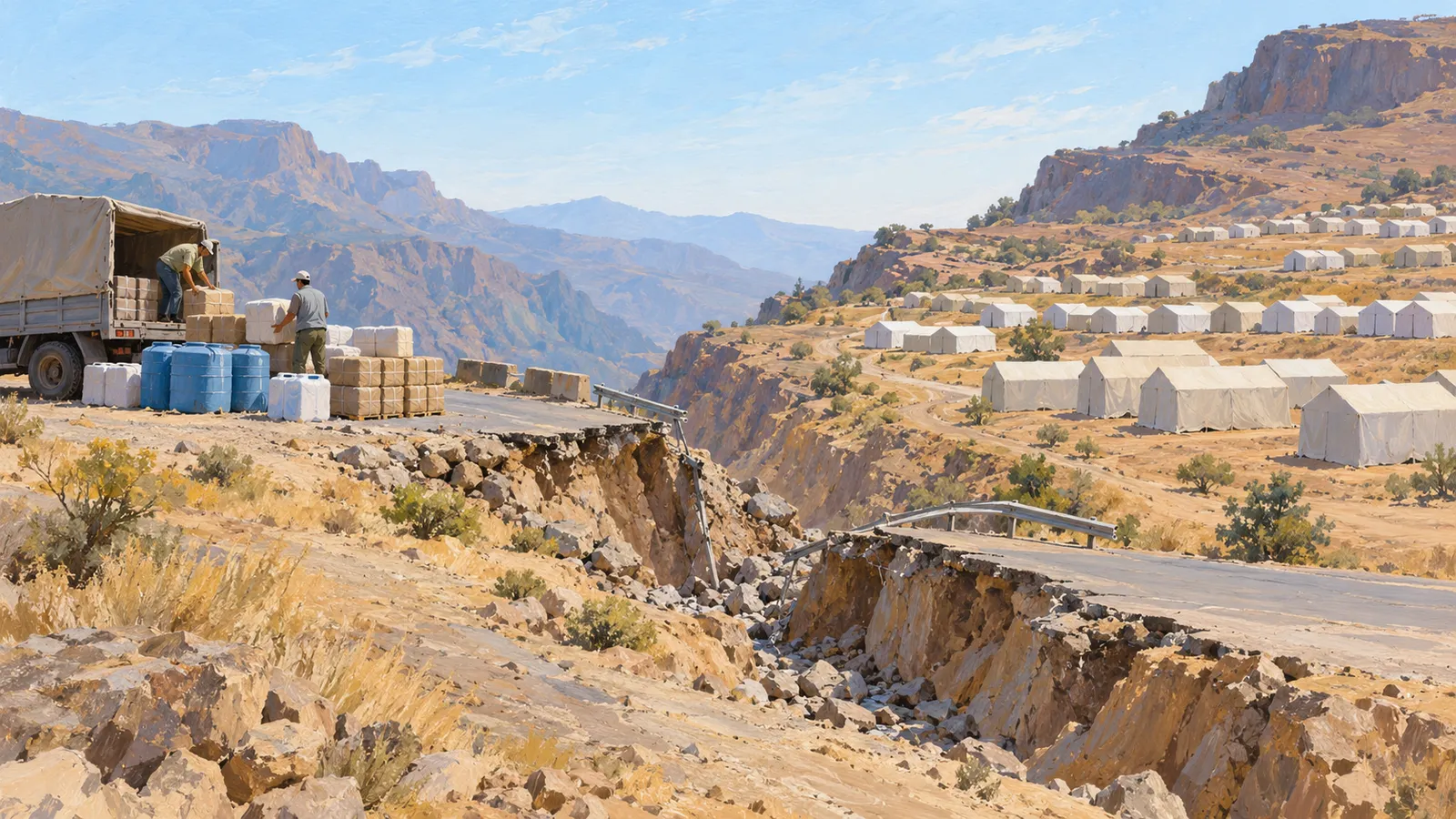 A road has collapsed across a rocky mountain landscape. Two people unload boxes beside a truck and blue barrels, while rows of white tents cover the hillside. SI illustration
