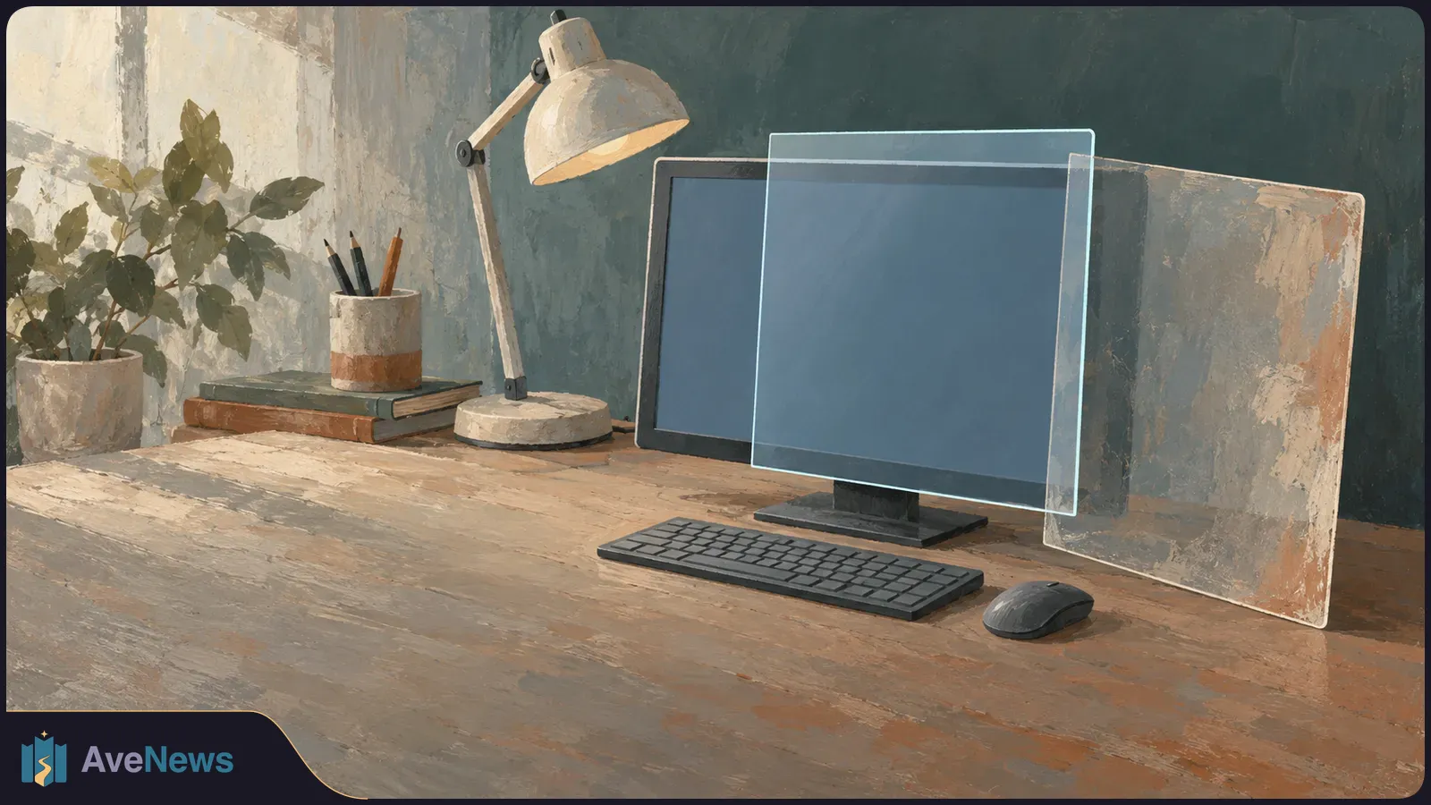 Painted desk scene with a blank computer monitor, keyboard and mouse, a lamp, books, pencils and a potted plant. Translucent panels overlap the screen. SI illustration