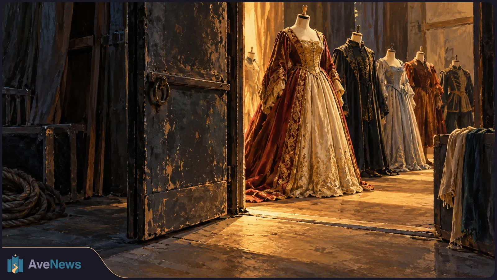 An open, weathered door reveals a warmly lit room with five mannequins in ornate period costumes; trunks and coiled rope sit in the foreground. SI illustration