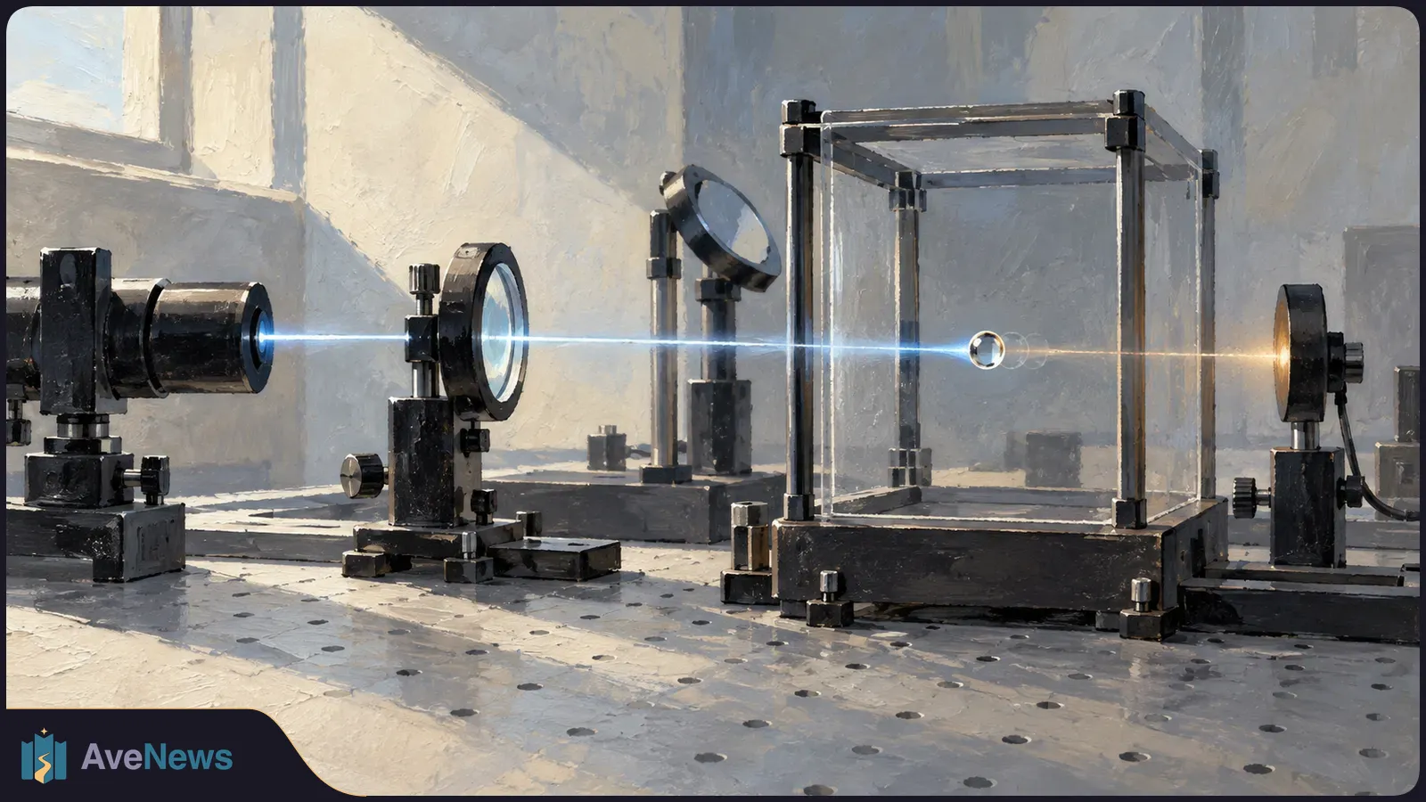 Painted illustration of a small glass bead suspended in a light beam inside a transparent chamber, with optical instruments on a laboratory table. SI illustration