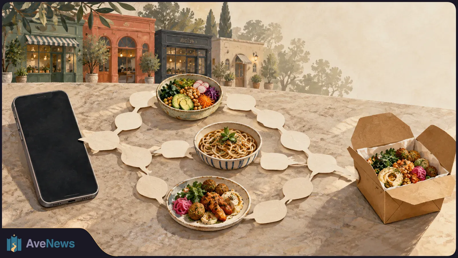A blank-screen phone sits beside bowls of food and a takeout box, linked by paper speech bubbles across a table; painted storefronts stand behind. SI illustration