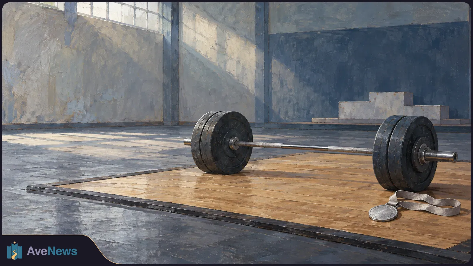A loaded barbell rests on a wooden lifting platform in an empty gym, with a medal and ribbon beside it. SI illustration