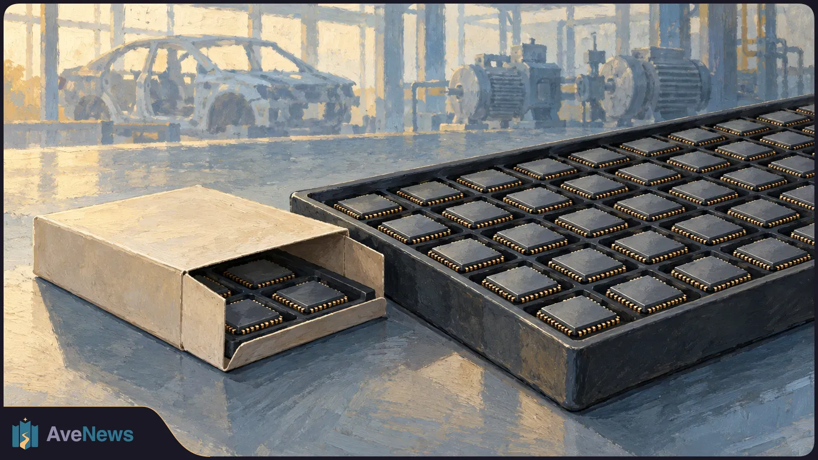 Painterly illustration of trays of microchips and an open cardboard box on a worktable, with a car body and industrial motors in the background. SI illustration