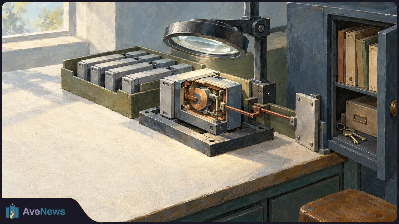 A magnifying lamp hangs over metal cartridges. One open cartridge has rods extending toward a cabinet containing folders and keys. SI illustration