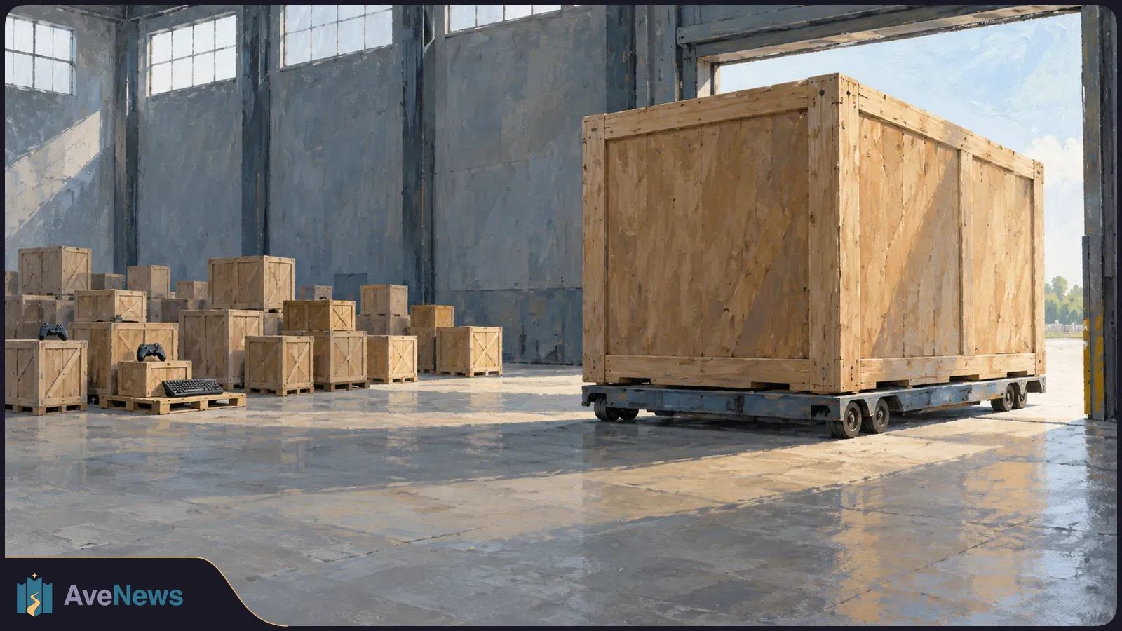 A painted warehouse scene shows a huge wooden crate on a wheeled platform beside many smaller crates, two game controllers and a keyboard. SI illustration