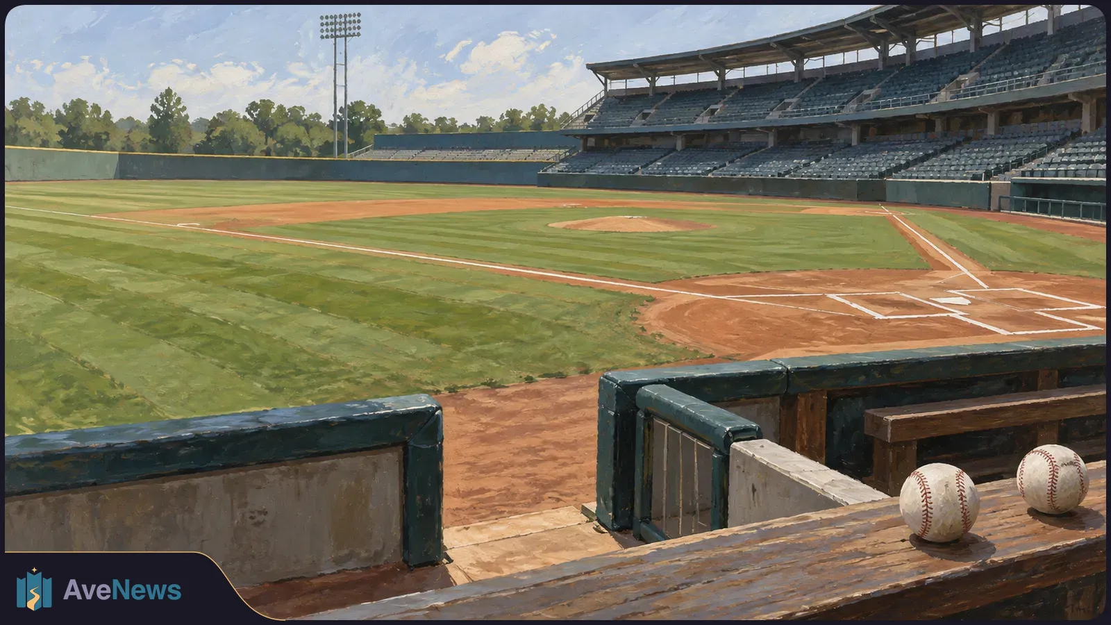 Painted view of an empty baseball stadium, with two baseballs on a wooden railing in the foreground and the diamond and stands beyond. SI illustration