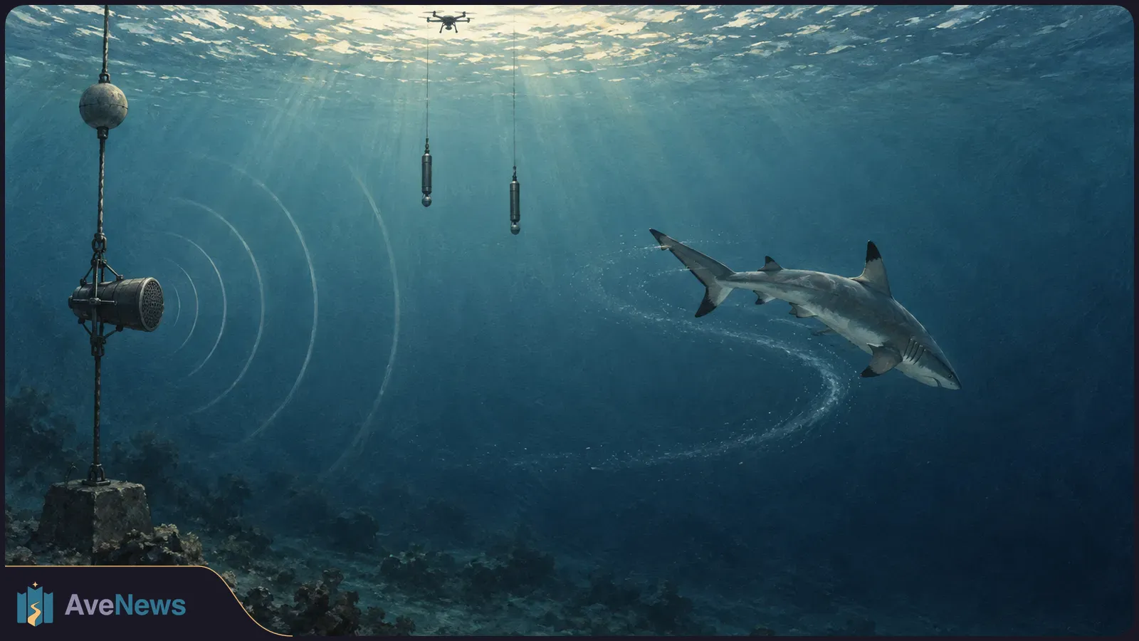 A shark with dark fin tips turns away from an underwater speaker emitting illustrated sound waves; two sensors hang nearby, with a small drone near the surface. SI illustration