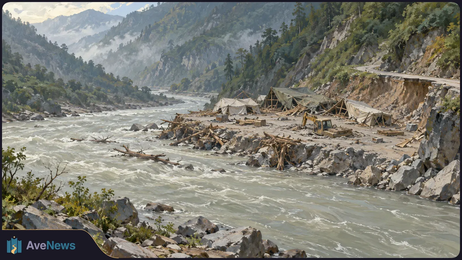 A fast-flowing river passes collapsed tents, scattered timber and an excavator beneath a winding road in a rocky, forested mountain gorge. SI illustration