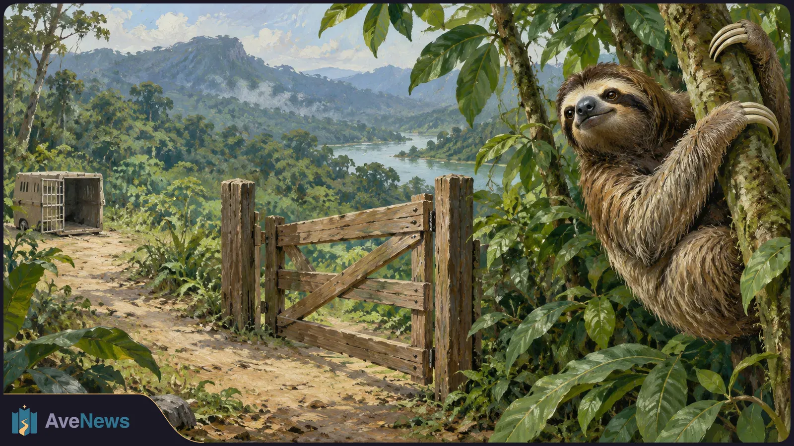 Illustration of a sloth clinging to a tree beside a wooden gate and an open animal crate, with a forested valley and river behind. SI illustration
