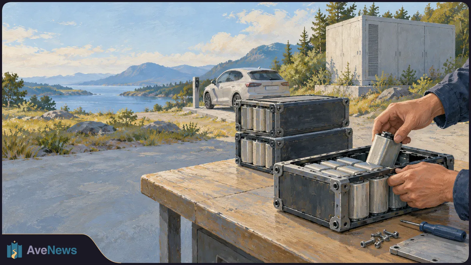 Hands place a cylindrical cell into an open battery module on a workbench. Stacked modules, a white car beside a charger, and a large cabinet sit by a lake. SI illustration