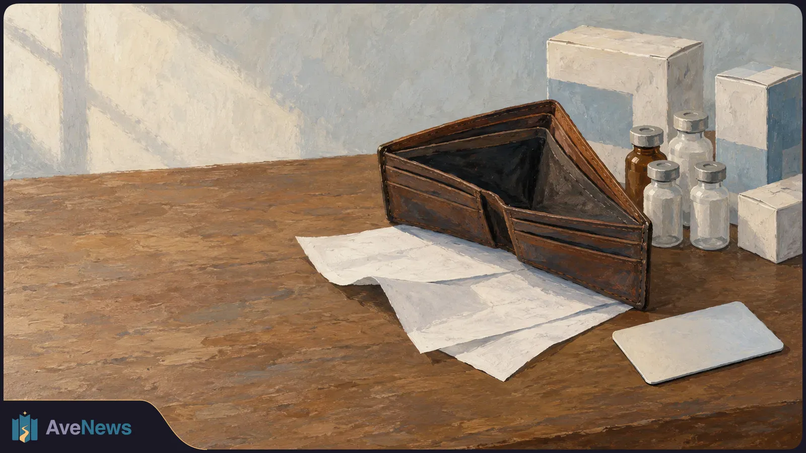 Painted scene of an open, empty wallet on papers beside medicine vials, plain boxes and a blank card on a wooden table. SI illustration
