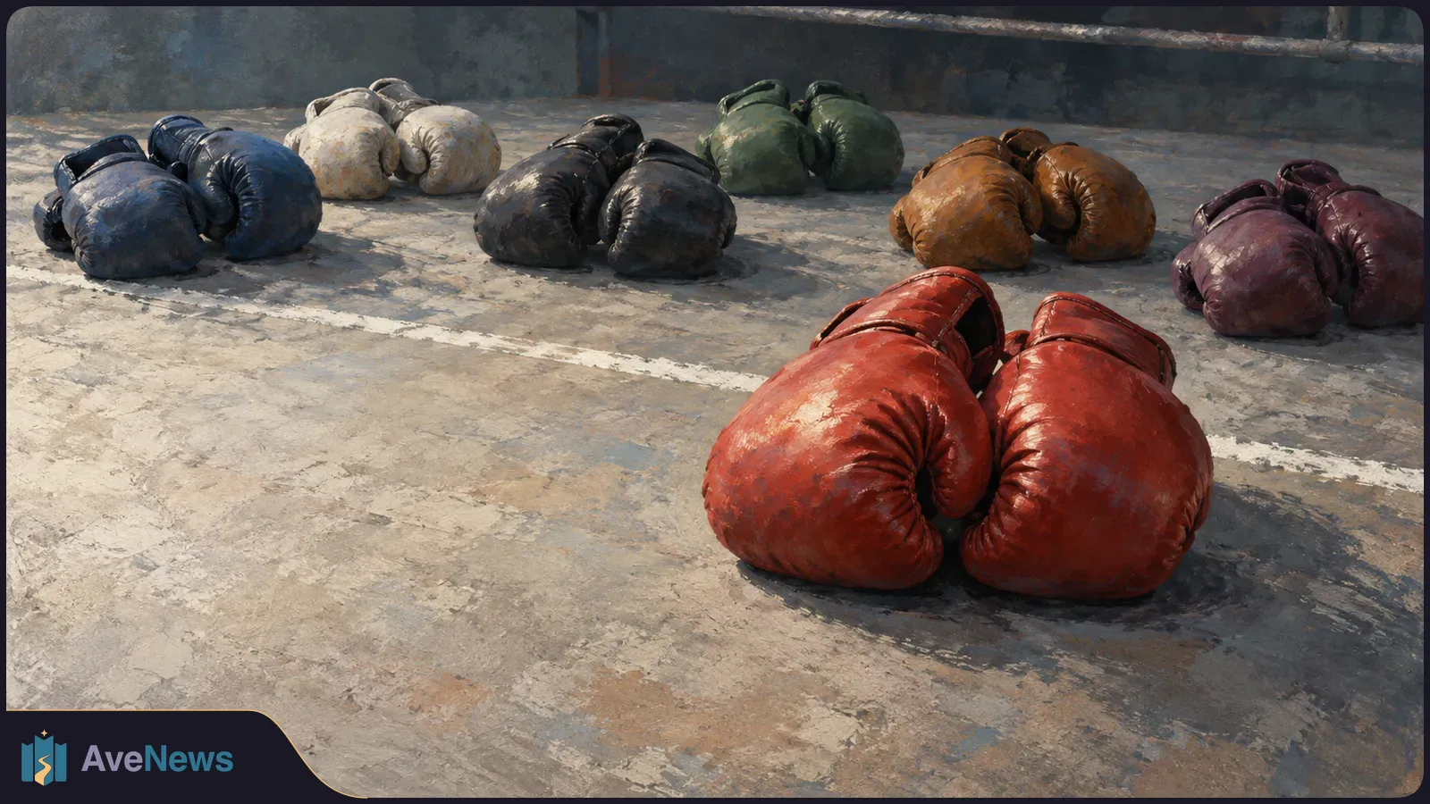 Pairs of worn boxing gloves in red, blue, white, black, green, brown and purple rest on a scuffed ring floor, with ropes behind them. SI illustration