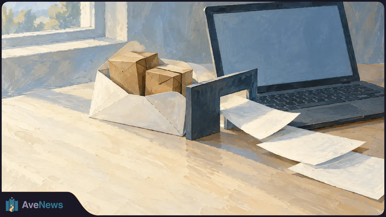 Painted scene of a blank-screen laptop beside an open envelope holding two cardboard boxes. White sheets pass through a dark frame on the desk. SI illustration