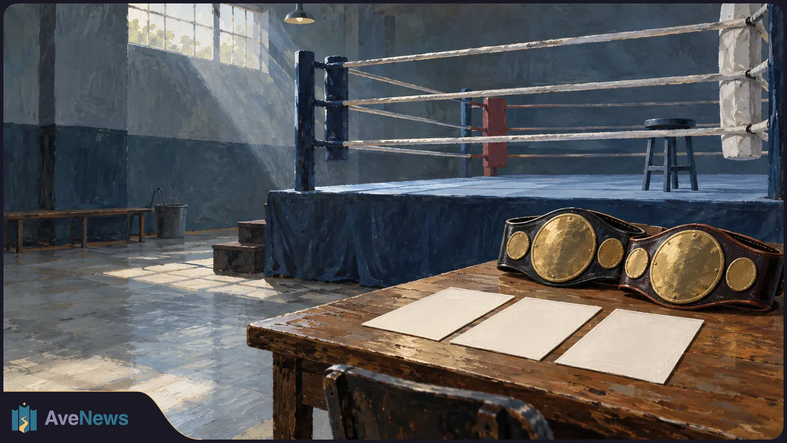A painted boxing gym with an empty ring; two gold championship belts and three blank cards rest on a wooden table in the foreground. SI illustration