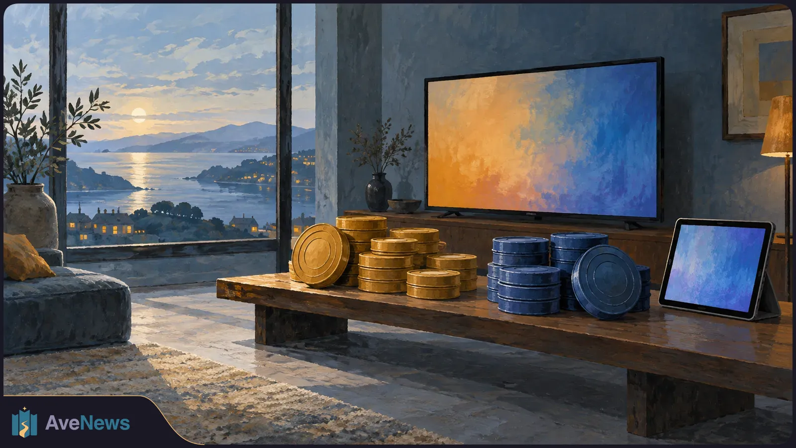 Painted living room overlooking a bay at sunset, with a TV and tablet showing abstract color fields beside stacks of gold and blue coins on a table. SI illustration