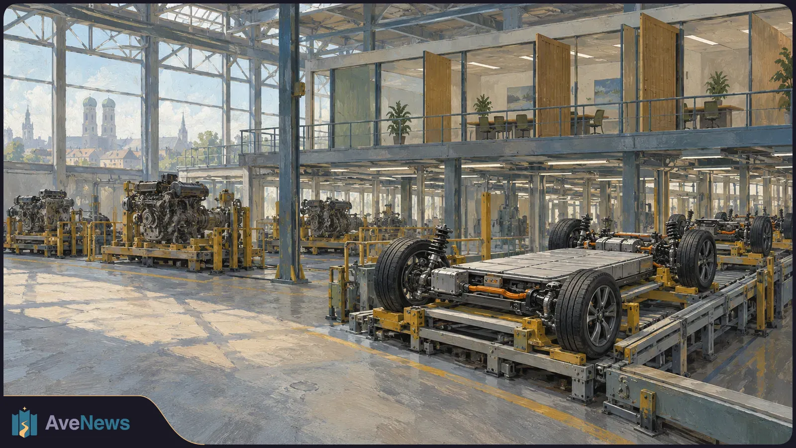 An electric-vehicle chassis sits on a factory line, with engines at nearby stations, glass-walled offices above and twin-domed towers visible outside. SI illustration
