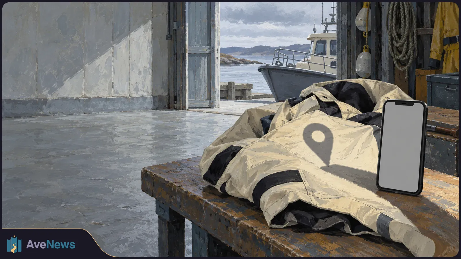 In a waterside shed, beige-and-black jackets lie on a wooden table beside a phone with a blank screen. A location-pin symbol appears on the fabric, and a boat is visible outside. SI illustration