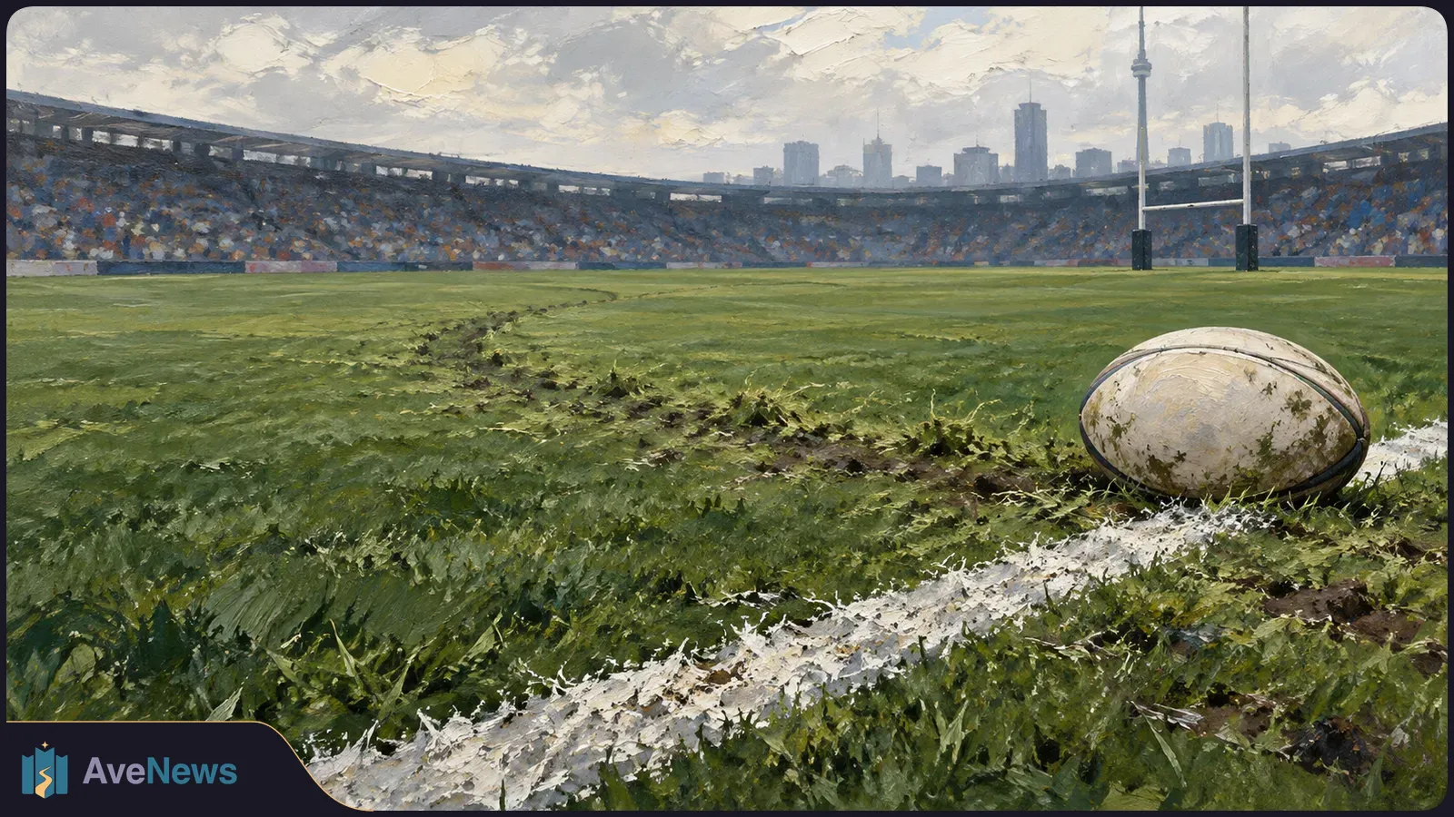 Painted rugby ball beside a white sideline on a grassy stadium pitch, with goalposts, crowded stands and a city skyline beyond. SI illustration