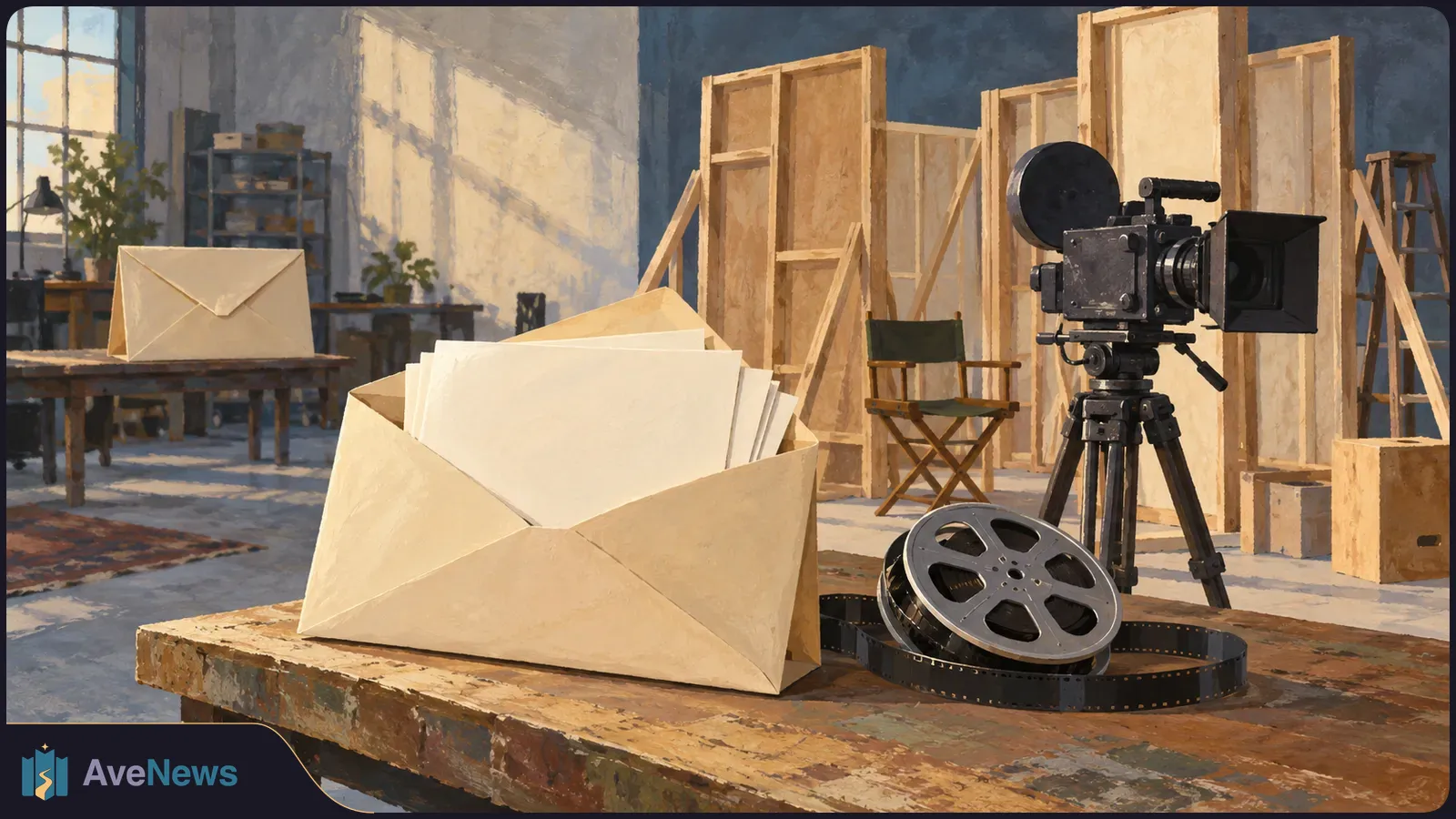 An open envelope of papers and a film reel sit on a wooden table beside a movie camera, with unfinished set walls behind them. SI illustration