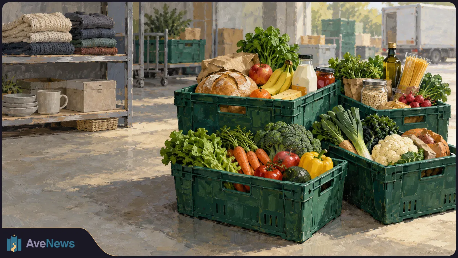 Illustration of green crates filled with fruit, vegetables, bread and groceries beside shelves of folded textiles and dishes; a delivery truck is in the background. SI illustration