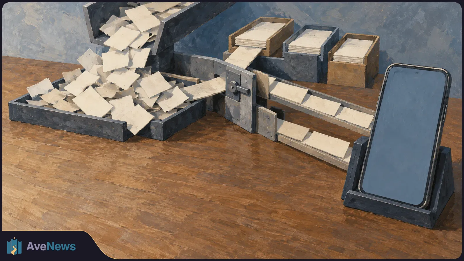 Painted illustration of blank paper cards on a sorting conveyor beside a smartphone with a blank screen, all on a wooden table. SI illustration