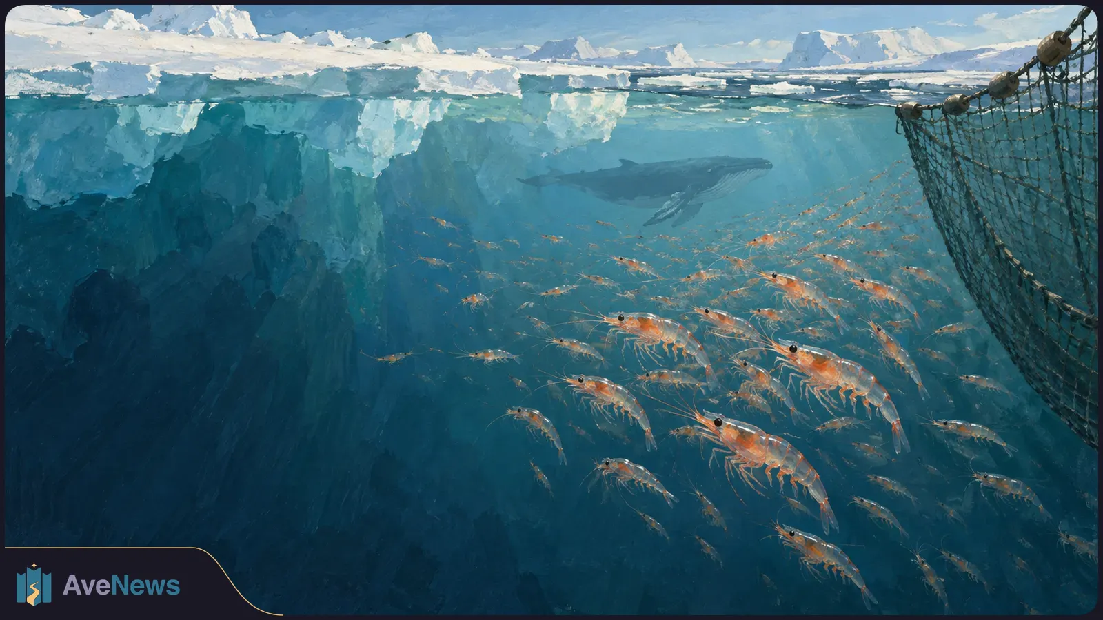 Painted underwater scene of krill swimming beside a fishing net, with a whale in the distance beneath sea ice. SI illustration