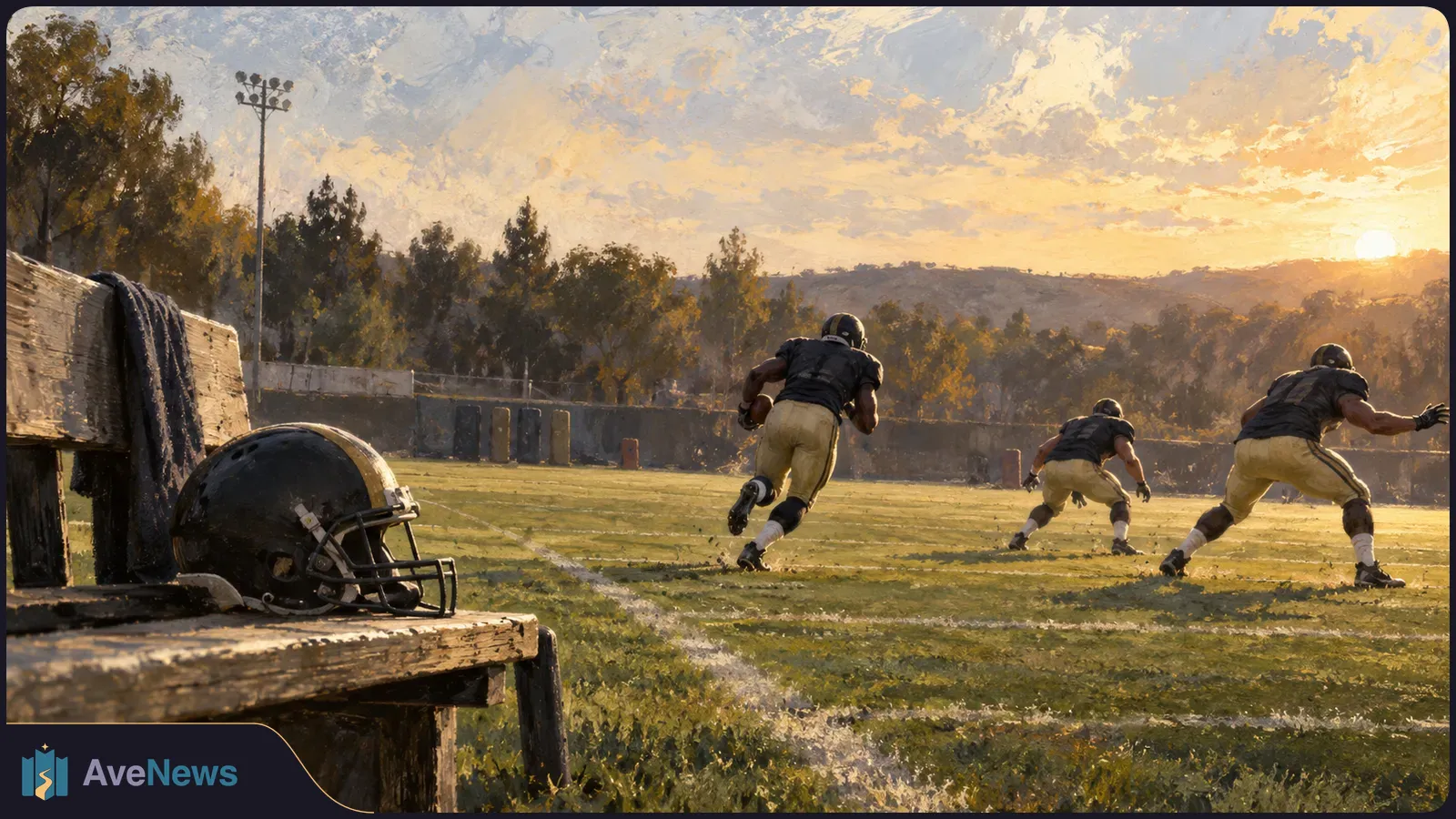 Painterly scene of three helmeted football players running across a field at sunset, with a helmet resting on a wooden bench in the foreground. SI illustration
