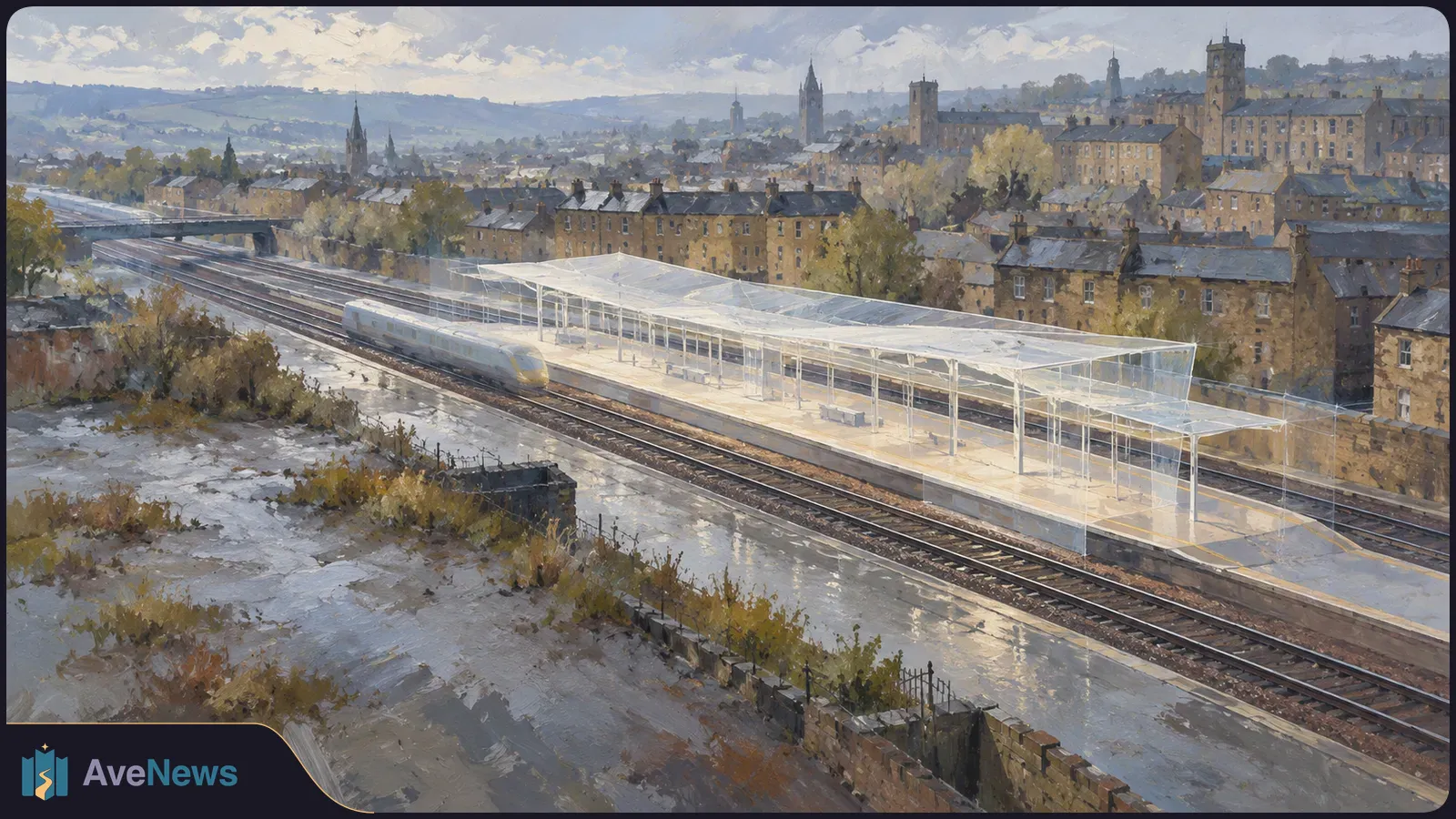 Painterly view of a train beside a long, pale station canopy, with railway tracks in the foreground and a city of stone buildings behind. SI illustration