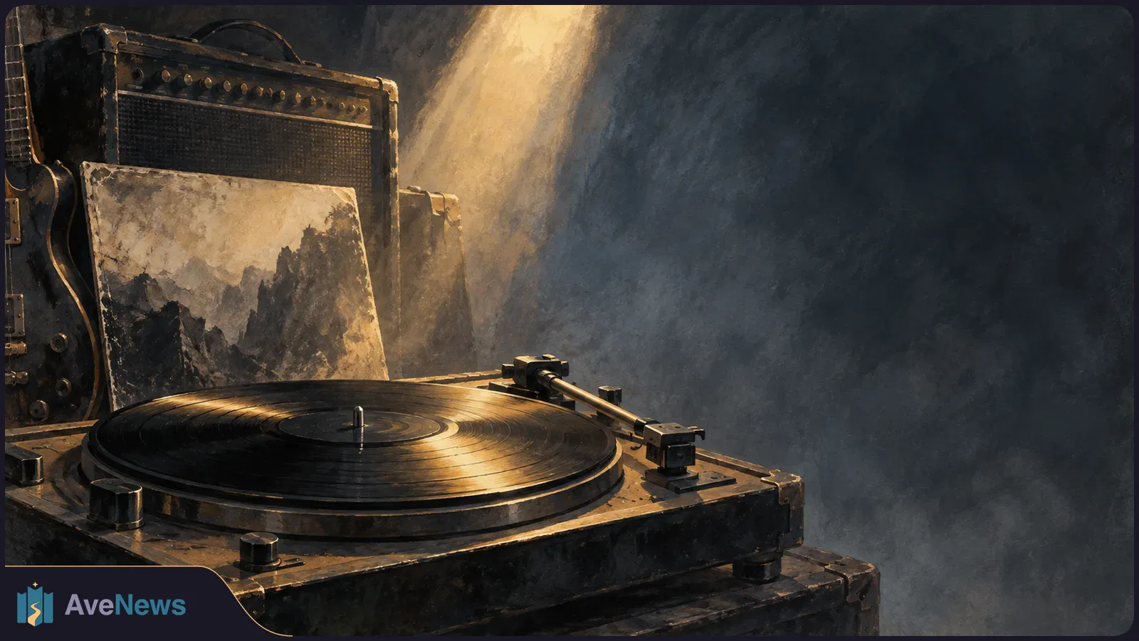 Painterly scene of a vinyl record on a turntable, with a guitar, amplifier and worn record sleeve behind it under a warm spotlight. SI illustration