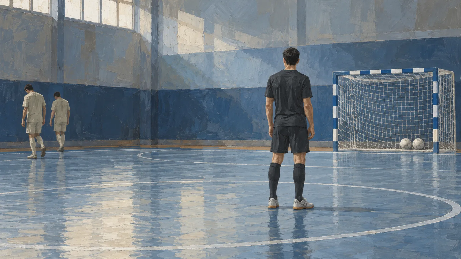 Illustration of a player in black on an indoor futsal court, with two players in light uniforms walking away and two balls inside the goal. SI illustration