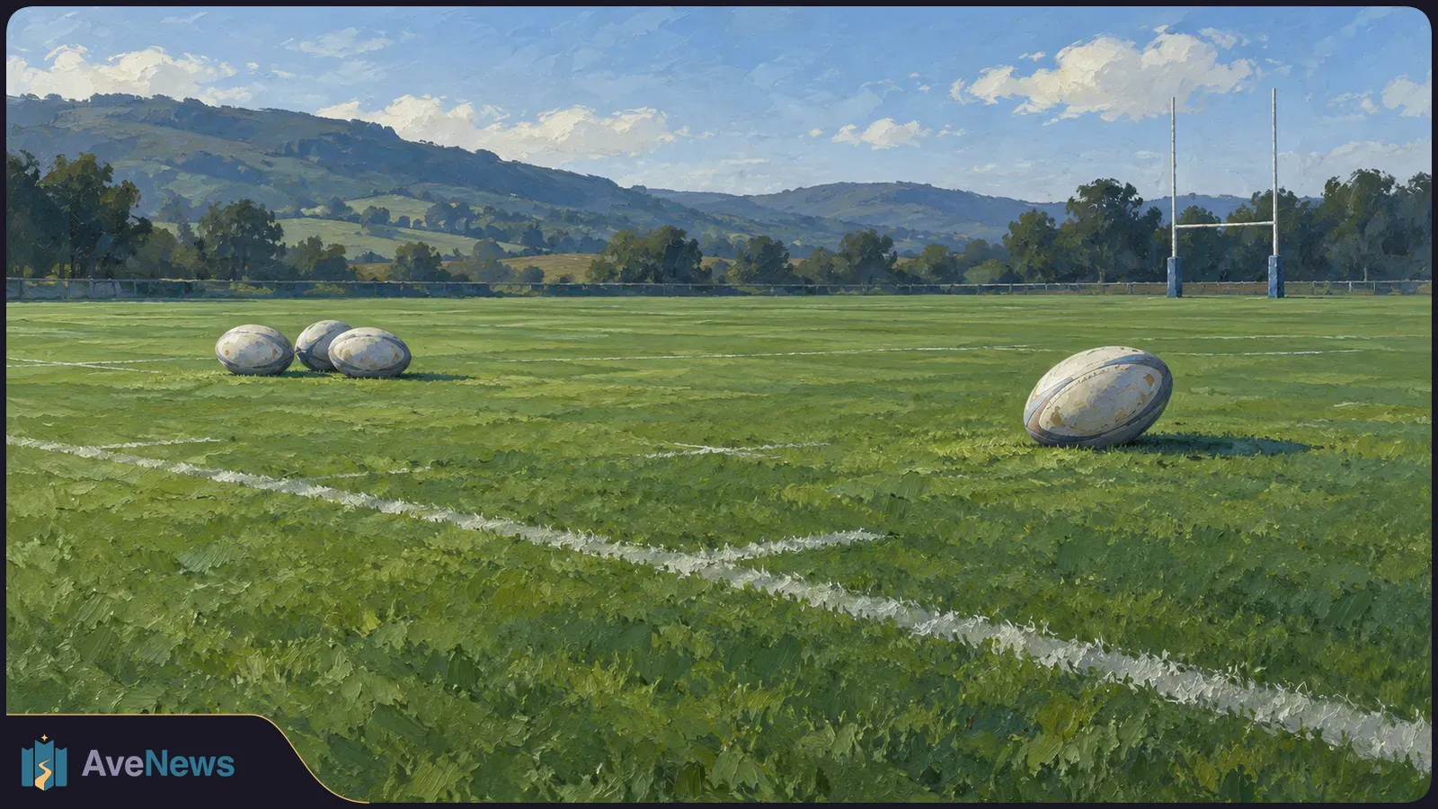 Painted rugby field with one ball in the foreground and three grouped farther back; goalposts, trees and hills sit beneath a cloudy blue sky. SI illustration