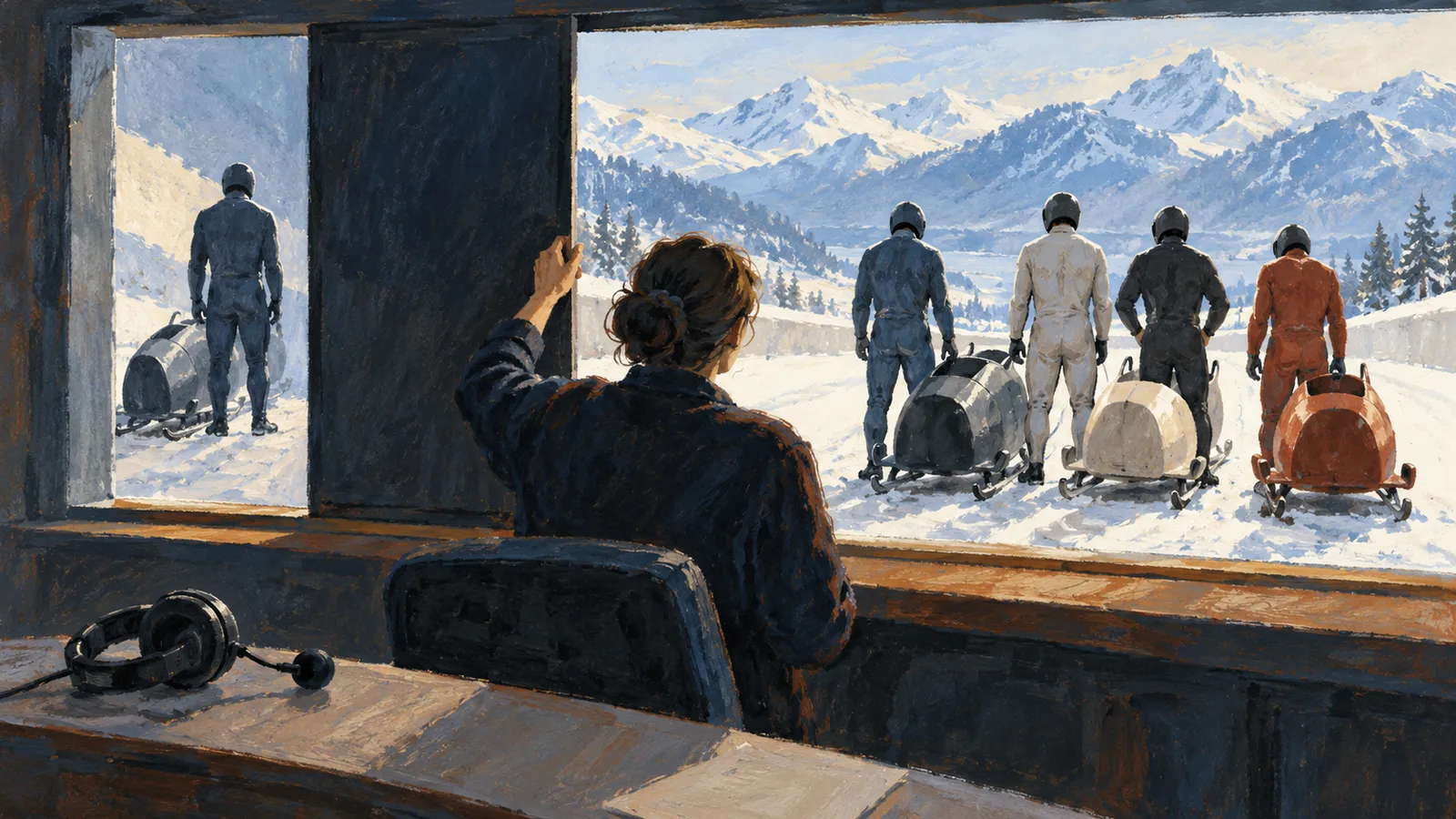 Illustration of a person seated at a window, hand raised, looking toward helmeted figures and bobsleds on a snowy track against a mountain backdrop. A headset rests on the desk. SI illustration