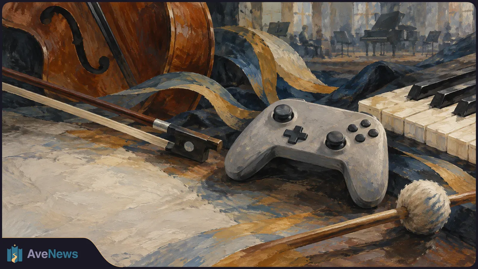 Painterly scene with a cello and bow, piano keys, a game controller and a mallet in the foreground; a small performance stage appears in the background. SI illustration