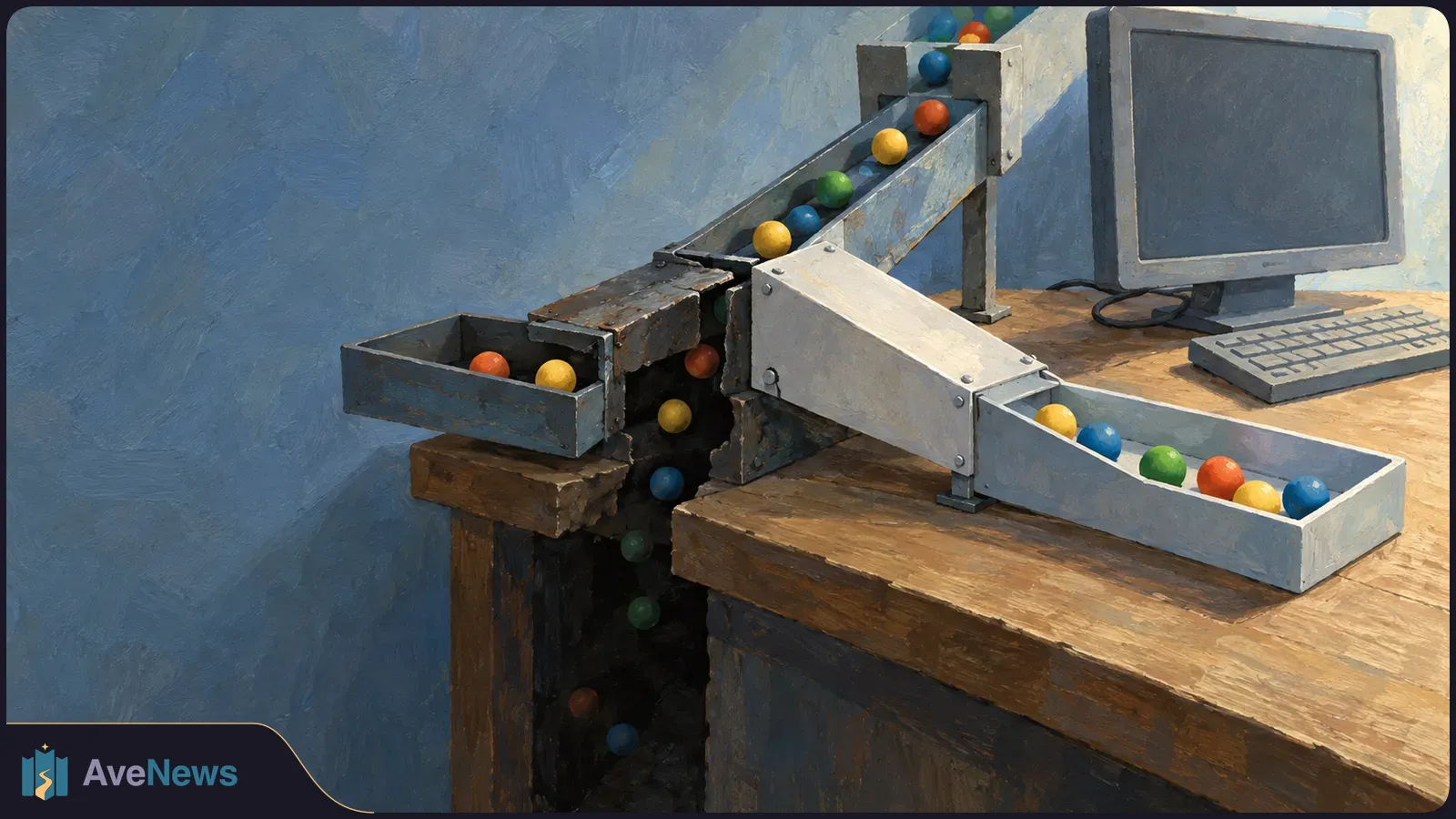 Painted illustration of colored balls moving through a sorting chute on a desk. Several fall through a gap beside a blank monitor and keyboard. SI illustration