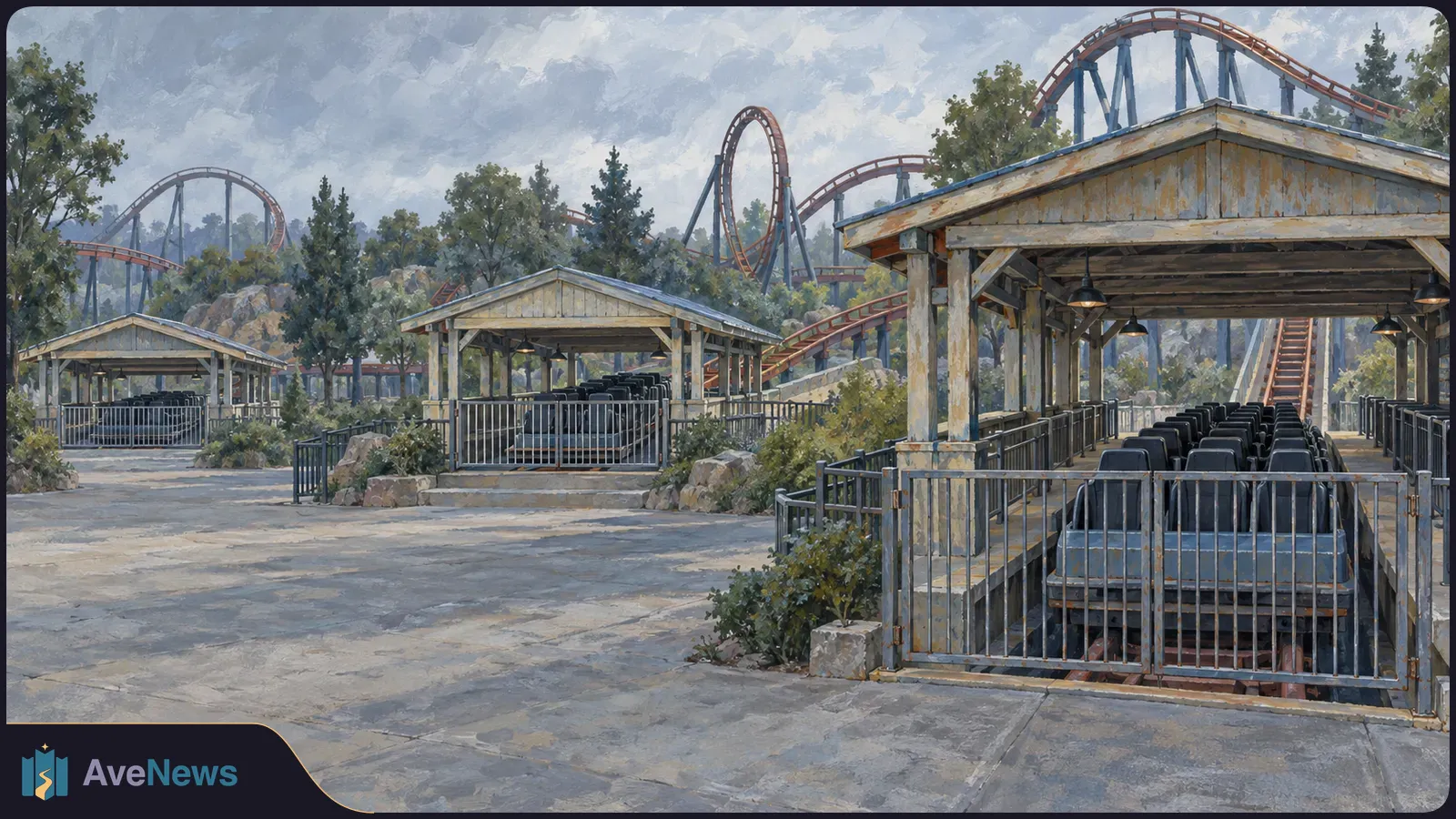 Painted view of empty roller-coaster stations, with cars behind metal railings and looping tracks rising above trees under a cloudy sky. SI illustration