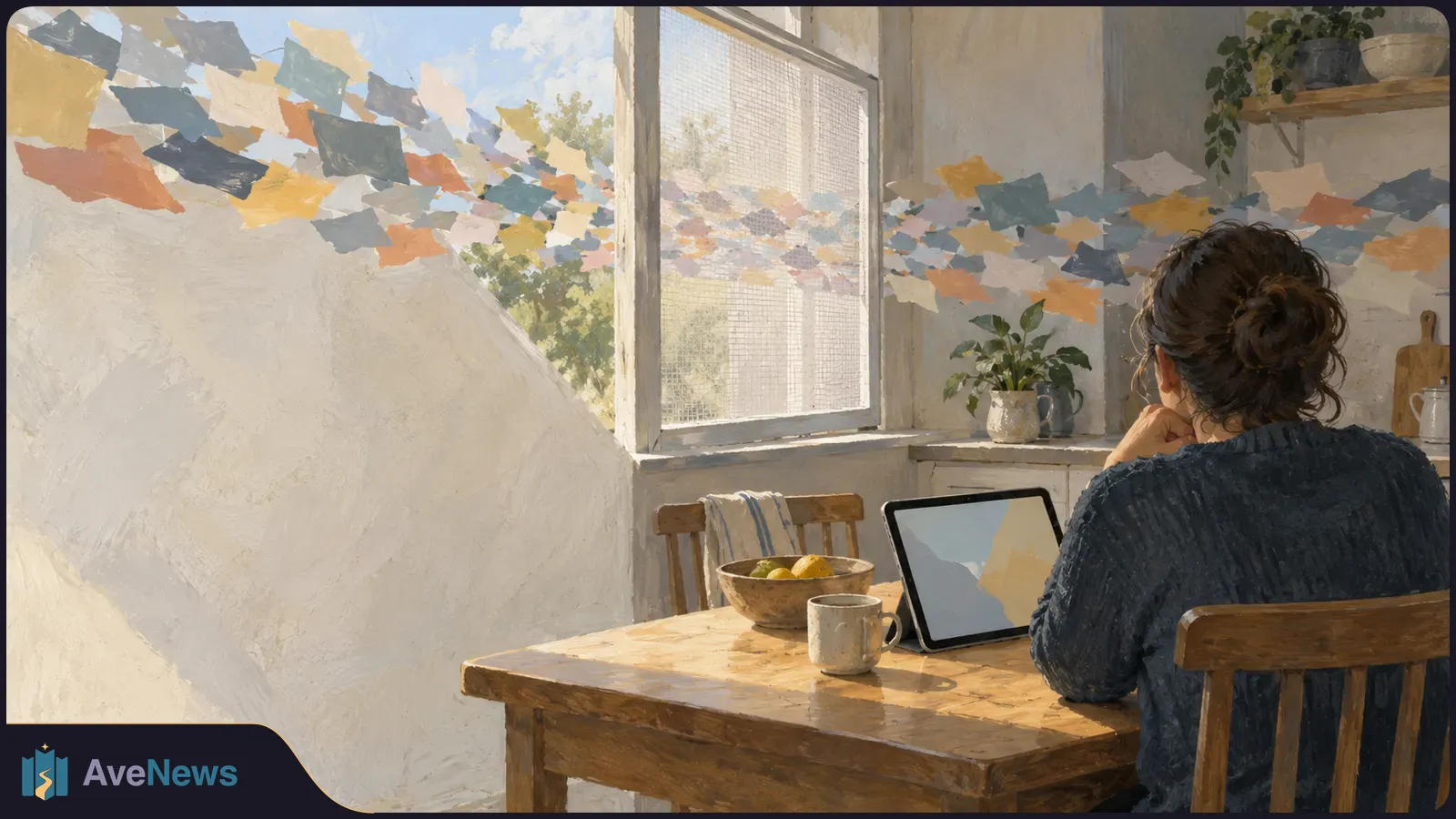 Painterly scene of a person seen from behind at a wooden table with a tablet, mug and fruit bowl. Colored paper-like shapes sweep across the room and window. SI illustration