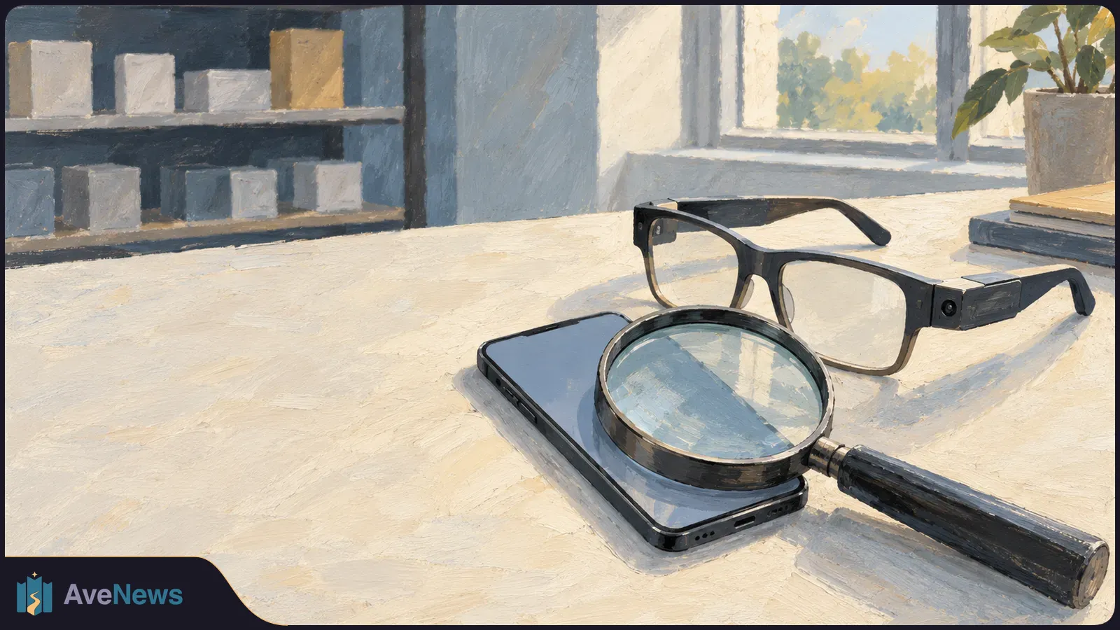 Illustration of camera-equipped glasses, a smartphone and a magnifying glass on a sunlit desk by a window. SI illustration