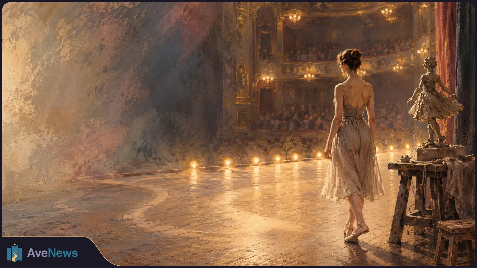 Painterly scene of a ballerina seen from behind on a lit theater stage, facing audience-filled balconies; a small dancer sculpture stands on a table at right. SI illustration