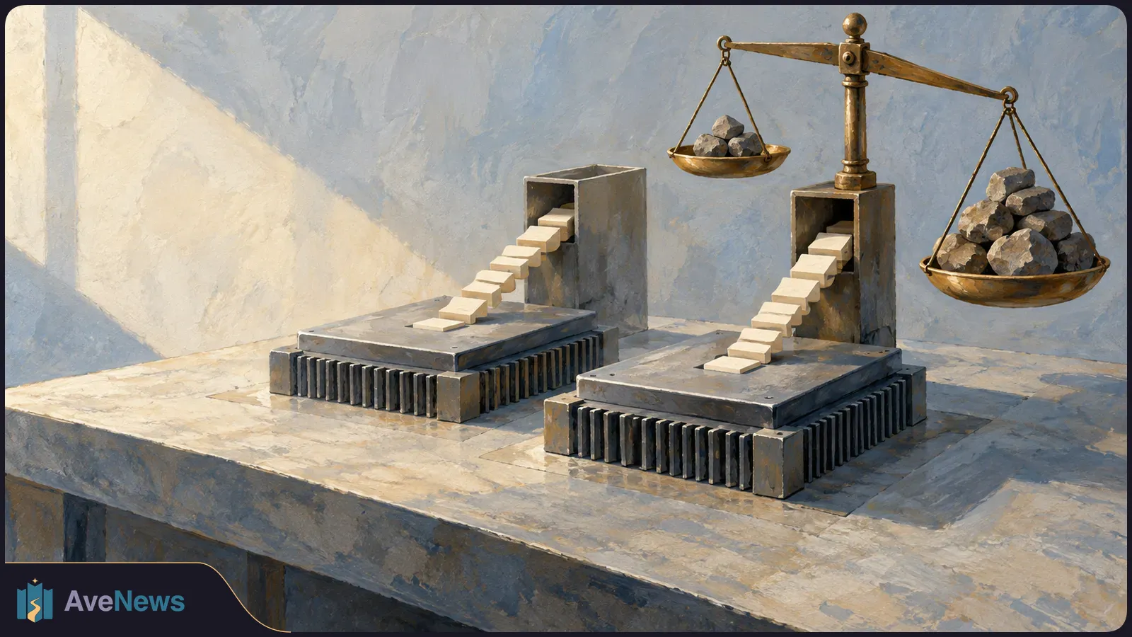 Painted illustration of a balance scale holding small and large piles of rocks above two chip-like platforms, each with a row of pale blocks. SI illustration