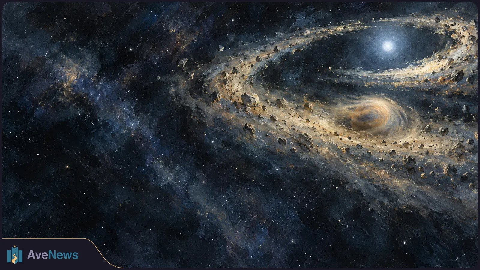 A bright white star and a brown swirling clump sit among sweeping rings of rocky debris against a dark, star-filled sky. SI illustration