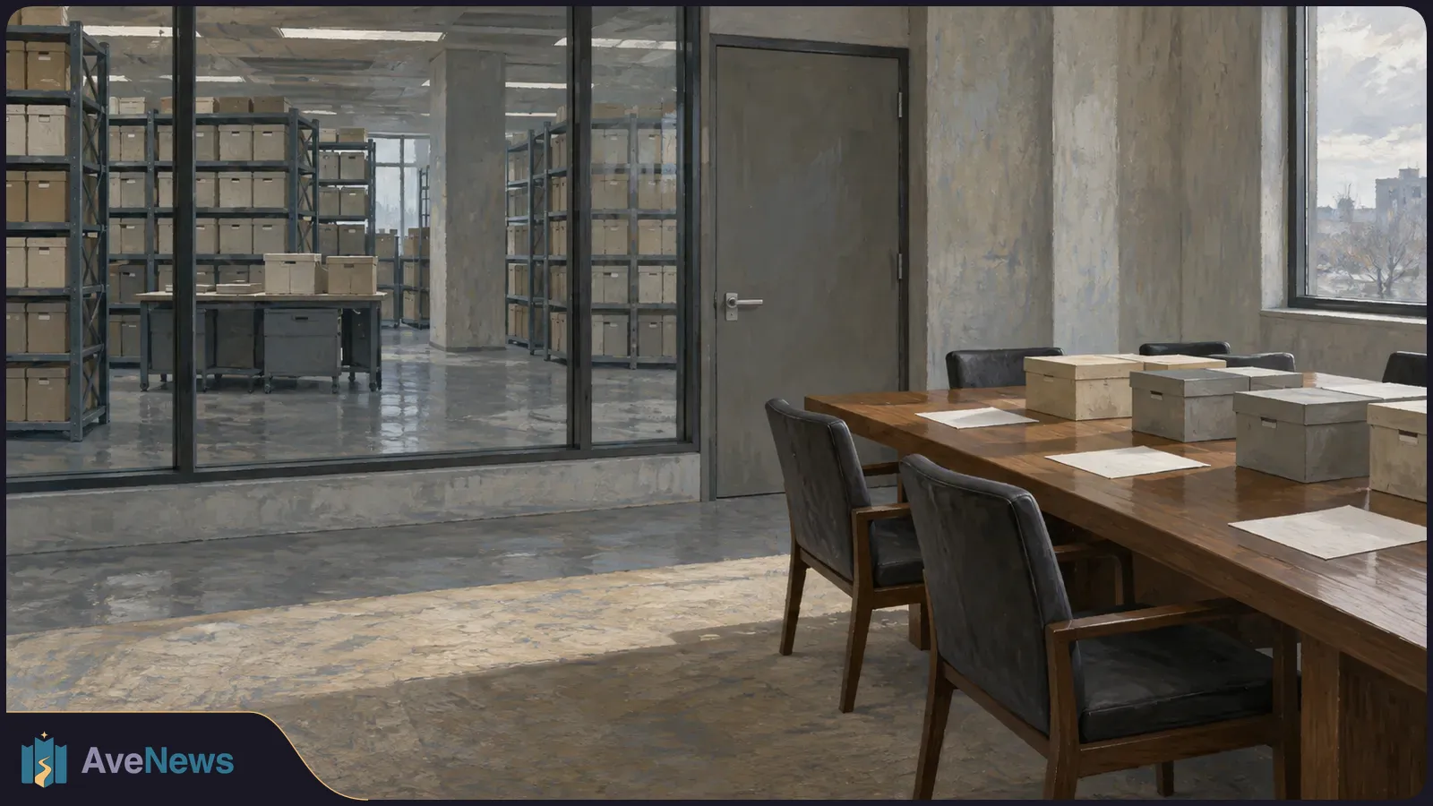 Painterly view of an empty meeting room with boxes and blank papers on a wooden table; more boxes fill shelves beyond a glass wall. SI illustration