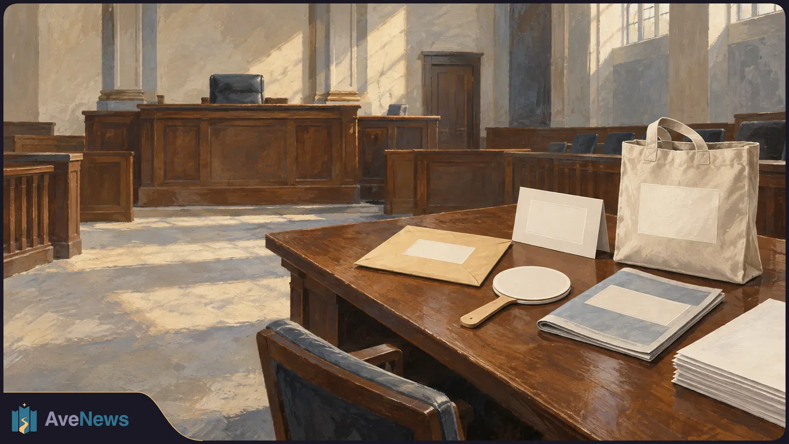 Painted, sunlit empty courtroom with wooden benches. A canvas tote, blank papers and a round handled object sit on a foreground table. SI illustration