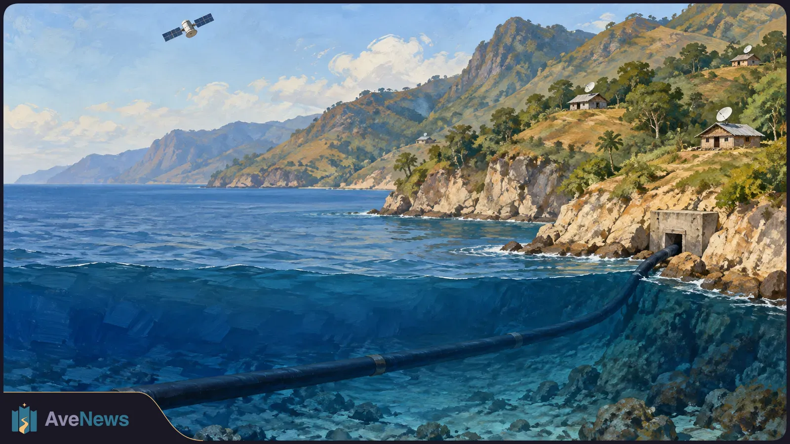 A painted coastal scene shows a dark cable beneath the sea leading to a shore building, with a satellite overhead and dish-equipped houses on the hills. SI illustration