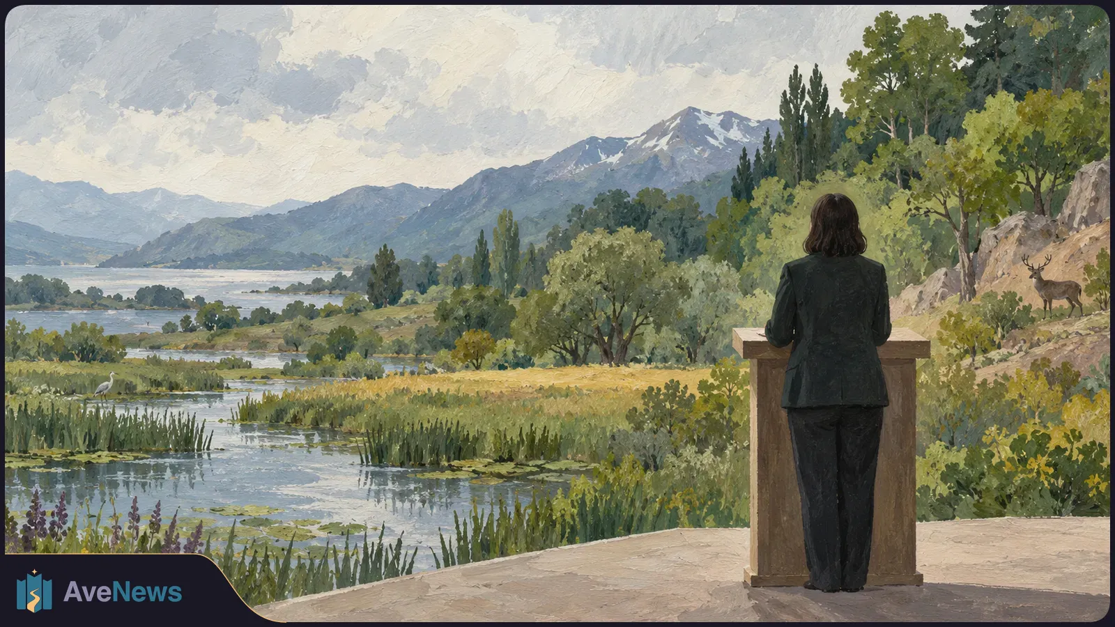 Painted scene of a person seen from behind at a wooden lectern, overlooking a wetland, trees, distant mountains and a cloudy sky; a deer stands on the hillside. SI illustration