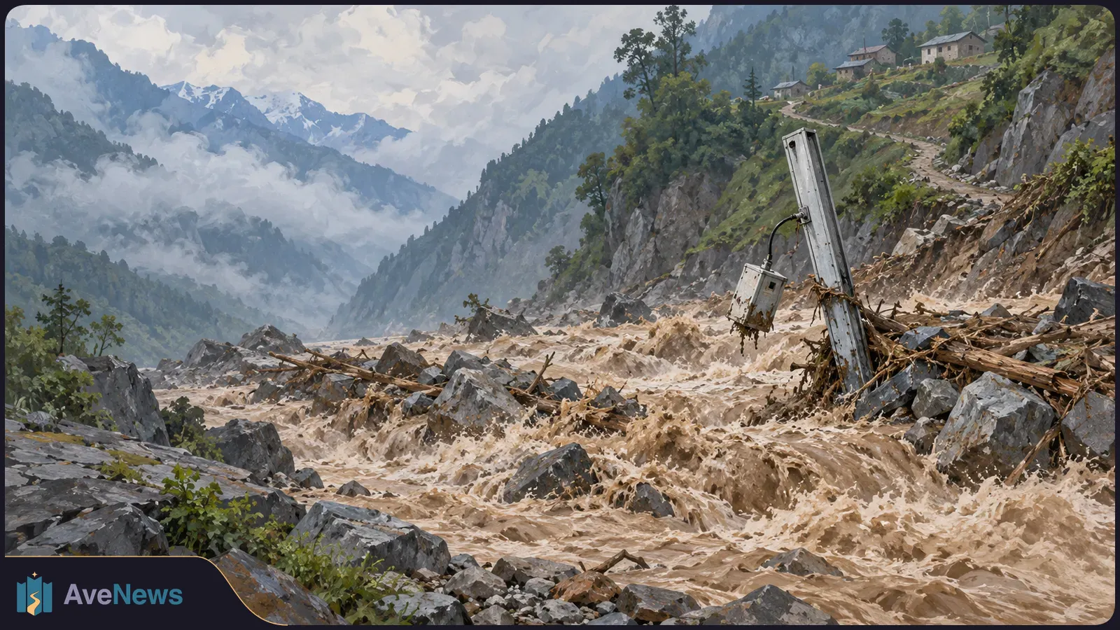A muddy torrent carries rocks and logs through a mountain valley, past a tilted river gauge with a dangling box. Houses stand on the hillside above. SI illustration