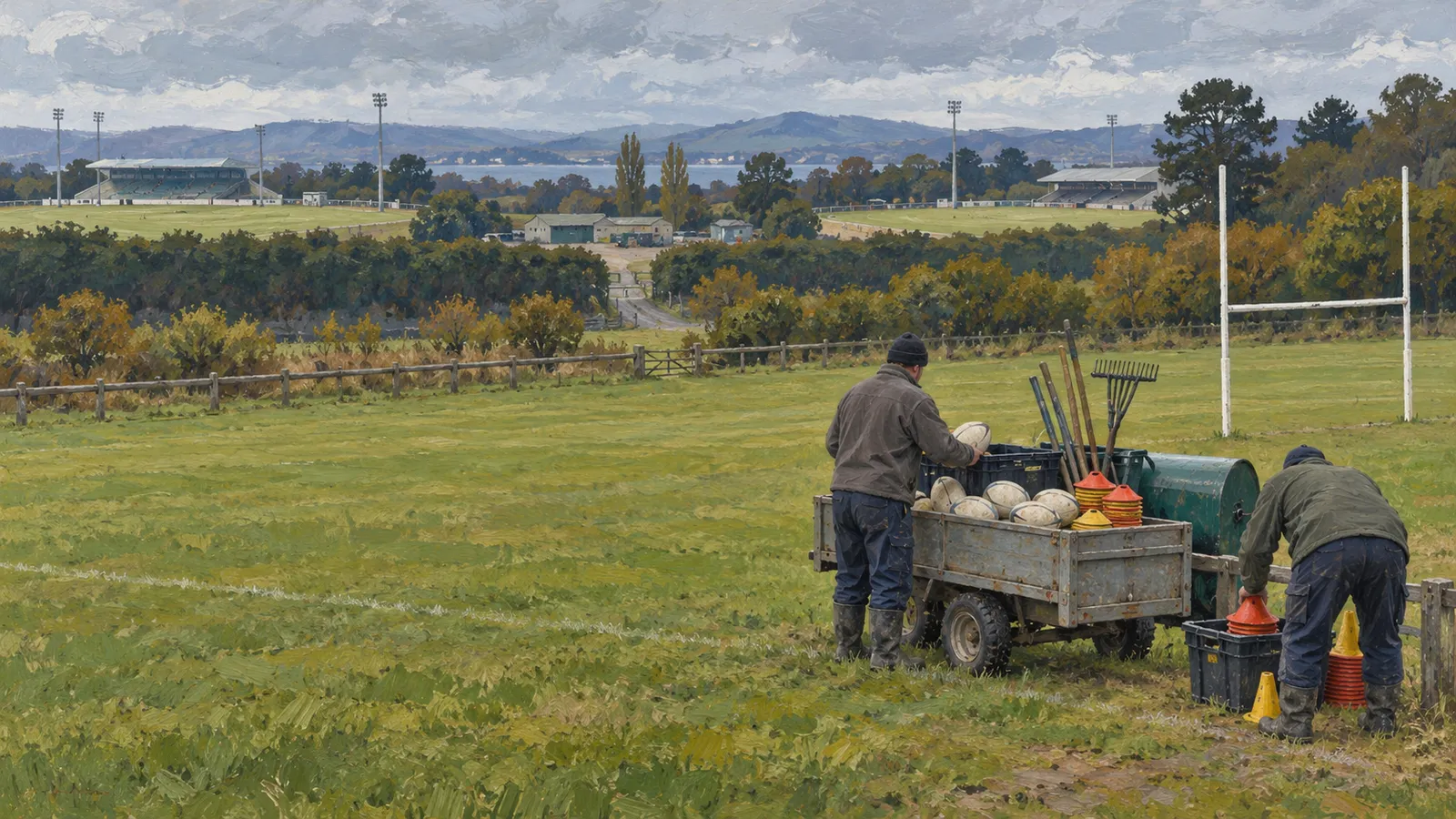 Two people handle rugby balls and cones beside a loaded utility cart on a grassy field, with goalposts, stands and hills in the distance. SI illustration