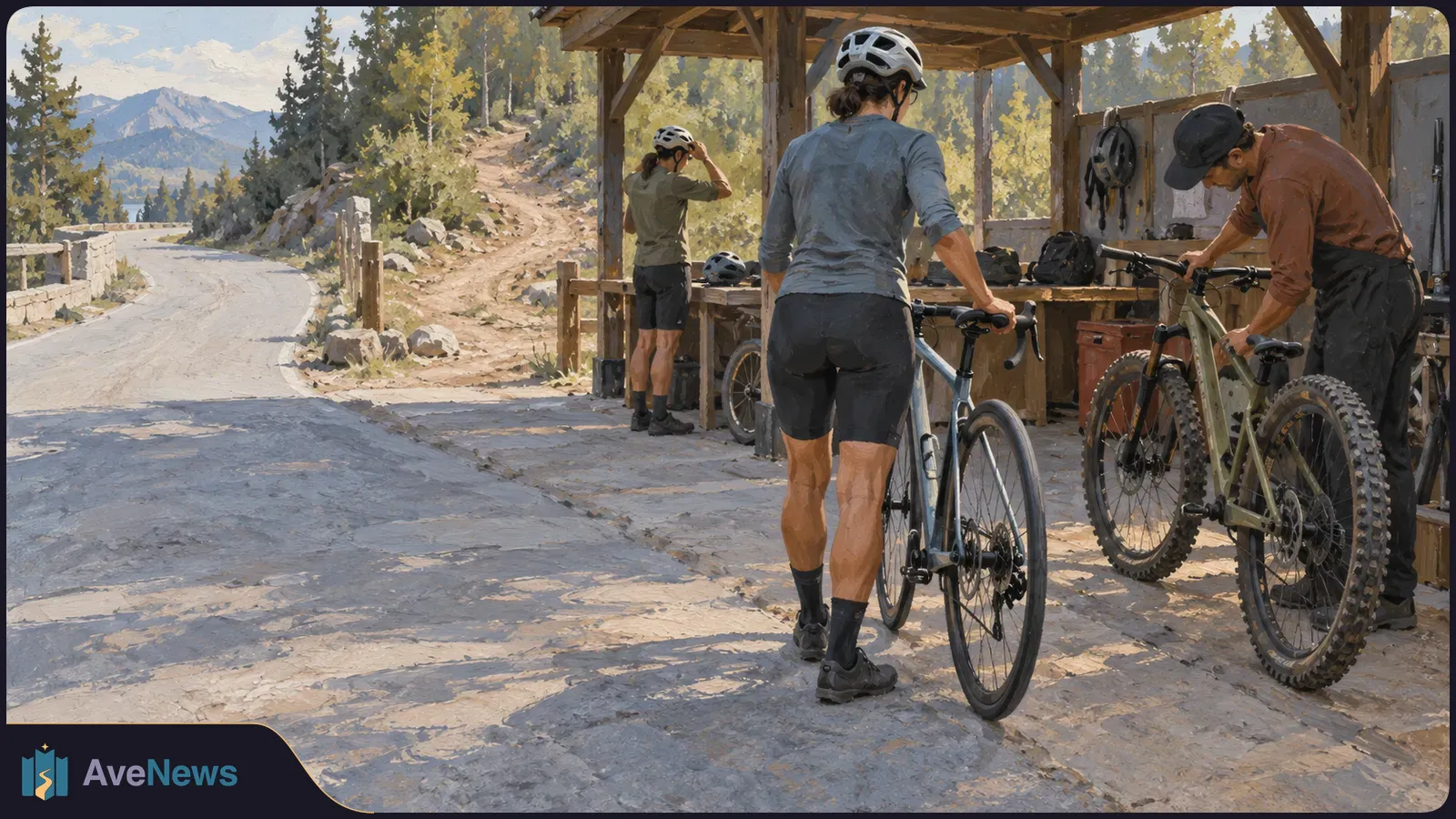 Painted scene of cyclists with road and mountain bikes beside a wooden shelter on a mountain road, with trees and peaks in the background. SI illustration
