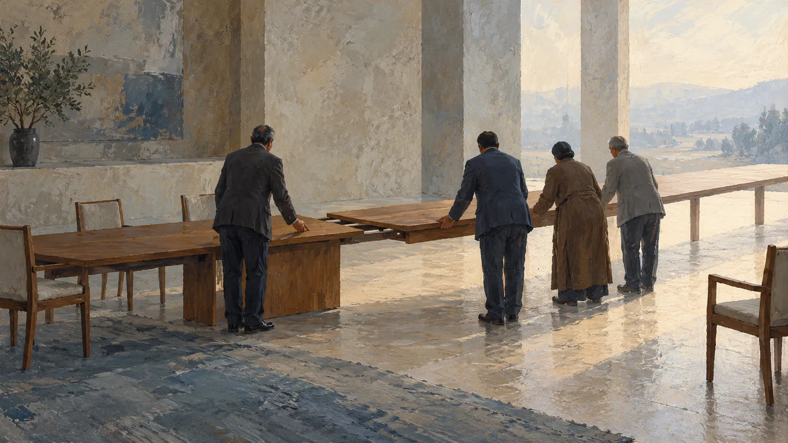 A painterly scene of four people standing around sections of a long wooden table in a sunlit room overlooking distant hills. SI illustration