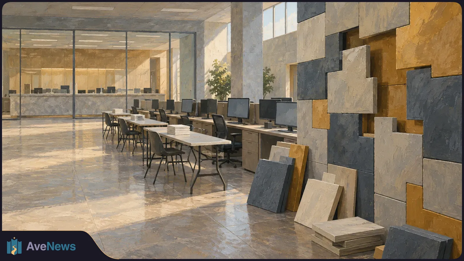 Sunlit, empty workspace with rows of dark computer monitors and chairs, stacks of white paper on tables, and gray, cream and ochre panels along the right wall. SI illustration